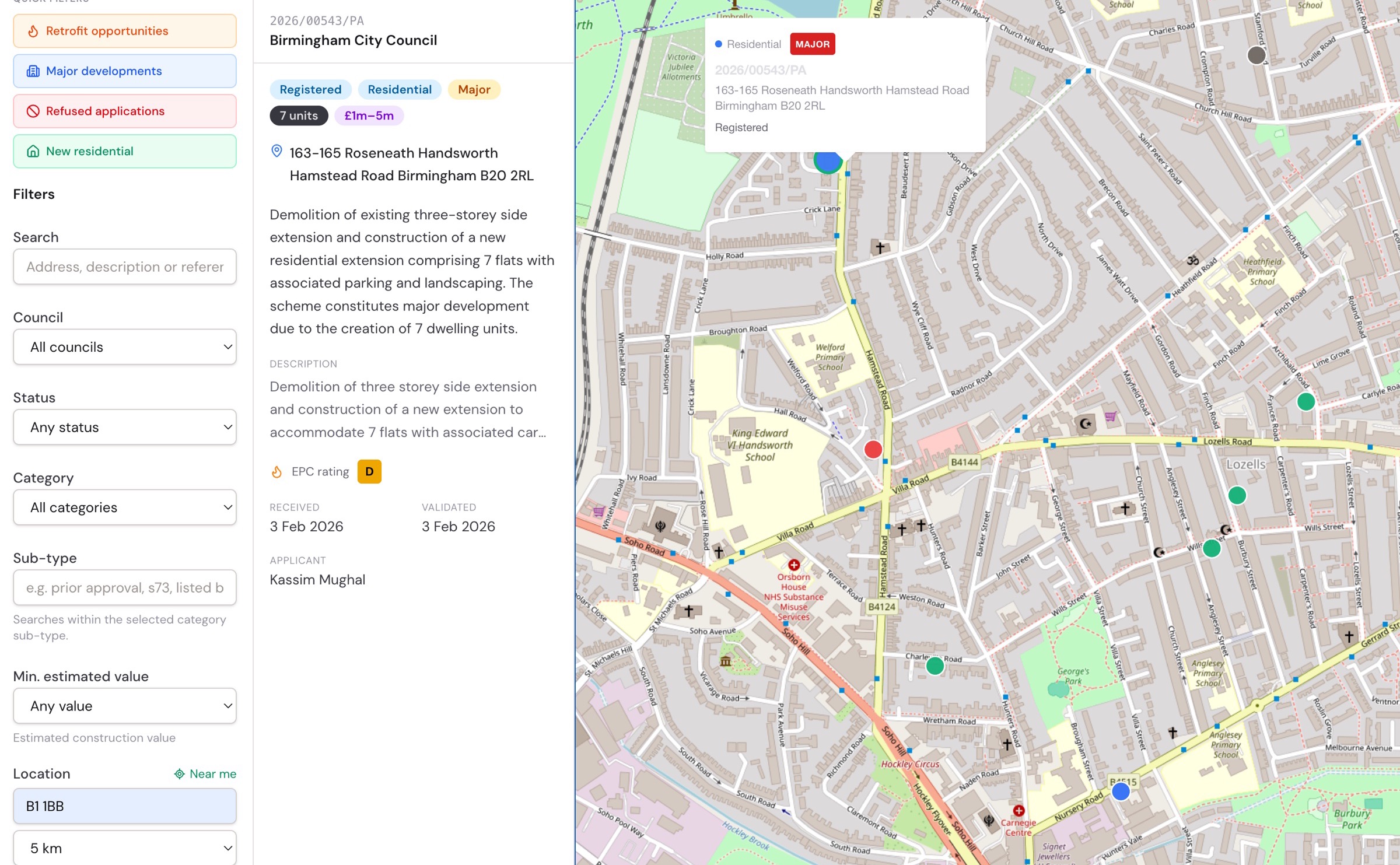 SiteLens dashboard showing UK planning applications mapped and classified
