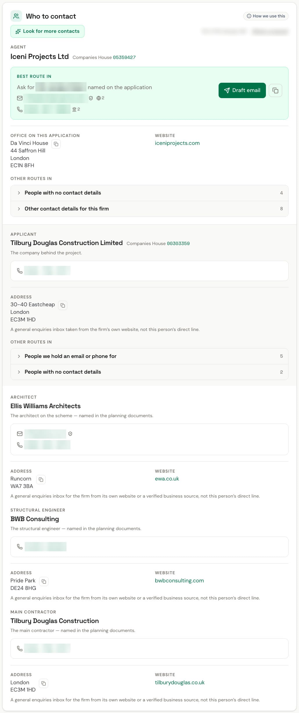 The Who to contact panel on a SiteLens record: the best route in to the planning agent, then the applicant, architect, structural engineer and main contractor, each with an address, website and business contact. Emails and phone numbers are blurred.