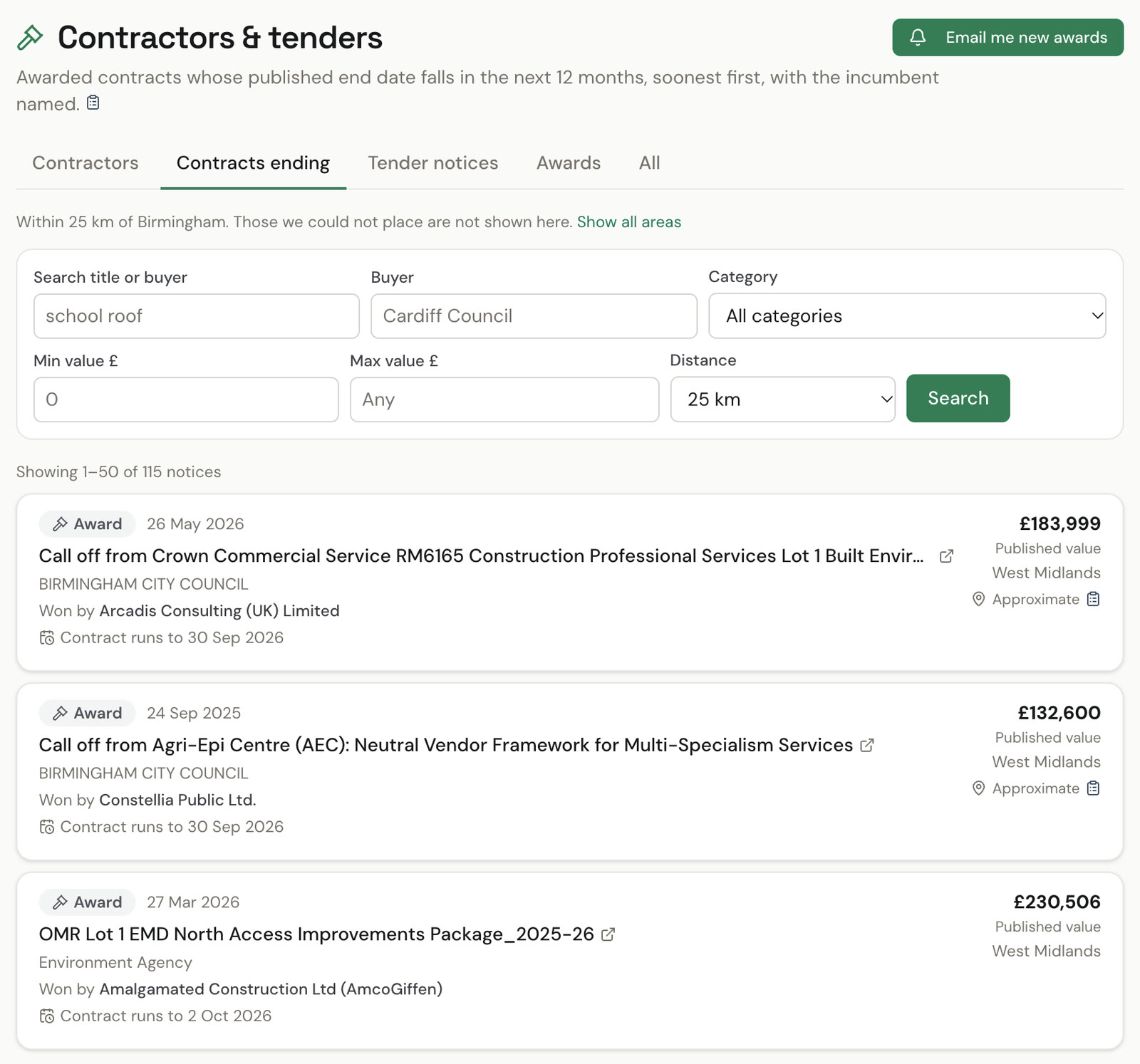 The SiteLens Contractors and tenders page on the Contracts ending tab: public contracts within 25 km of Birmingham that end in the next 12 months, each with the buyer, the incumbent supplier, the published value and the end date, under filters for title, buyer, category, value and distance.